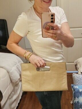 Cream Reptile Embossed Cutout Handle Clutch Handbag